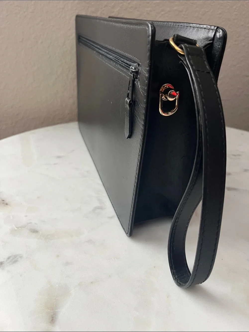 Dunhill Black Leather Wristlet Clutch with Gold Accent